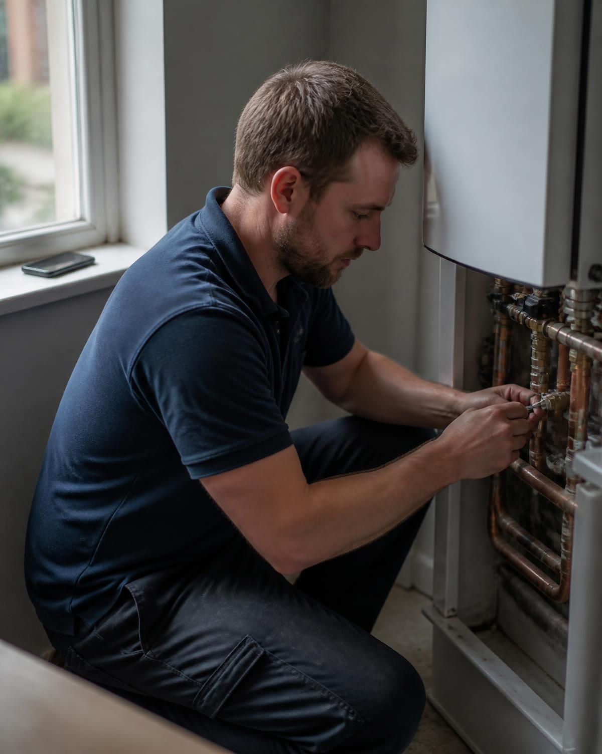A tradesperson working on site while an enquiry is answered for them