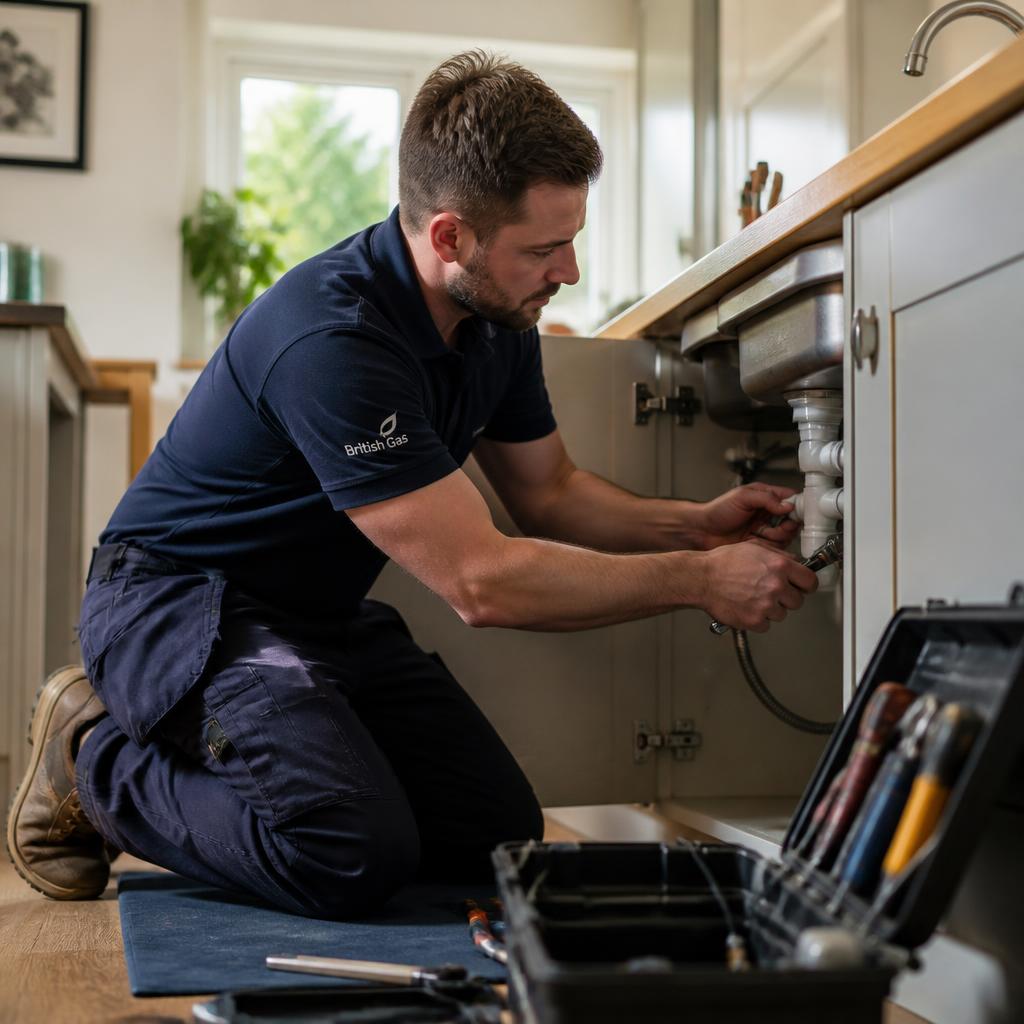 Plumbing engineer working under a kitchen sink at a customer's home
